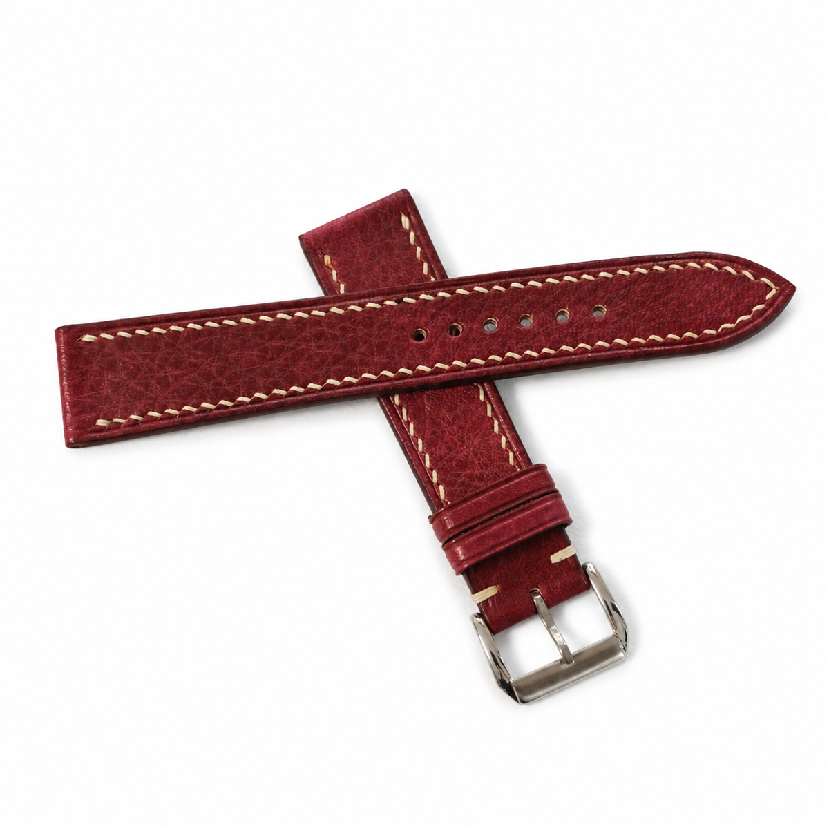 Burgundy red Italian leather watch strap, crossed halves with cream contrast stitching