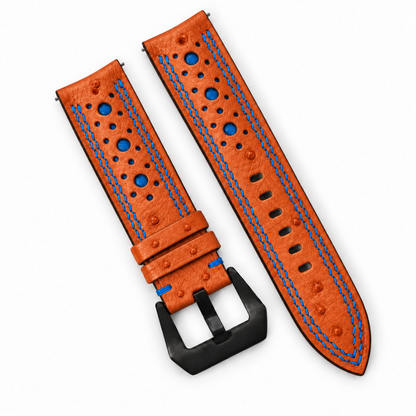 Orange and Blue Ostrich Racing Large Holes Leather Watch Strap - Double Stitch - detail 3