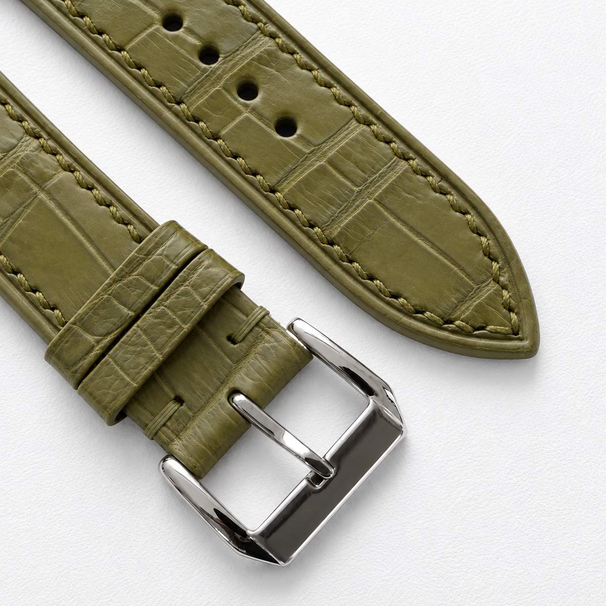 Olive Alligator Leather Watch Strap - Tonal Stitch - assembled on buckle