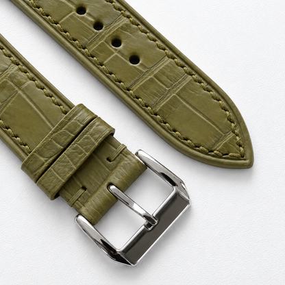 Olive Alligator Leather Watch Strap - Tonal Stitch - assembled on buckle
