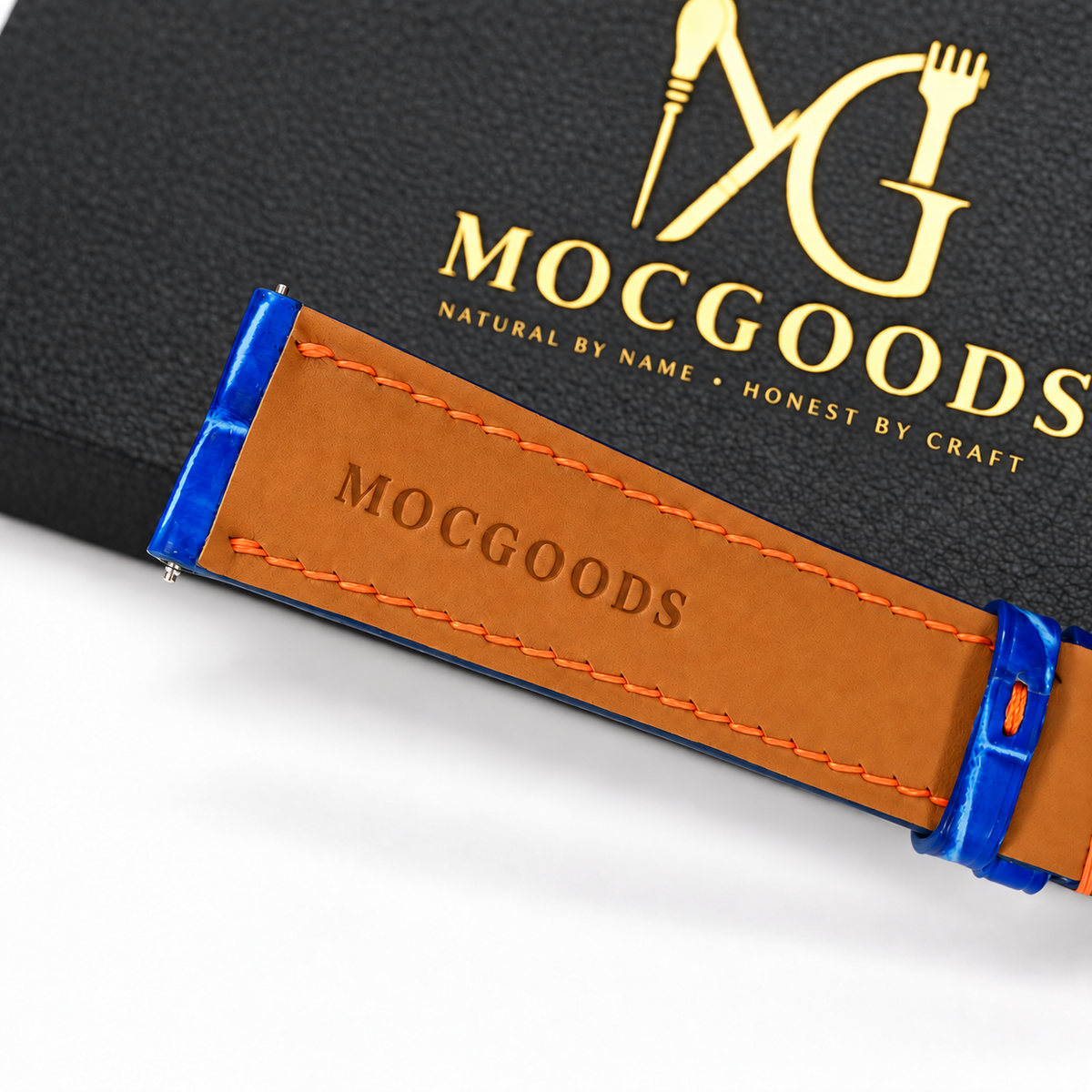 Cobalt Blue Patina Alligator Leather Watch Strap - underside and lining detail