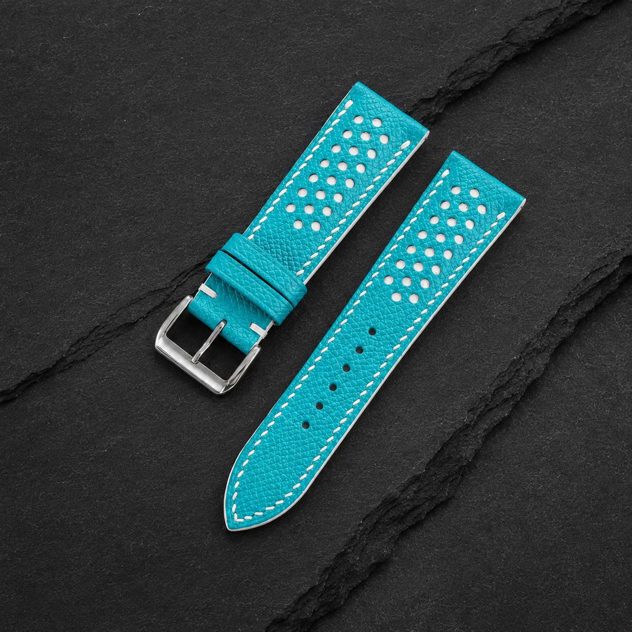Turquoise and White Racing Small Holes Rally Epsom Leather Watch Strap