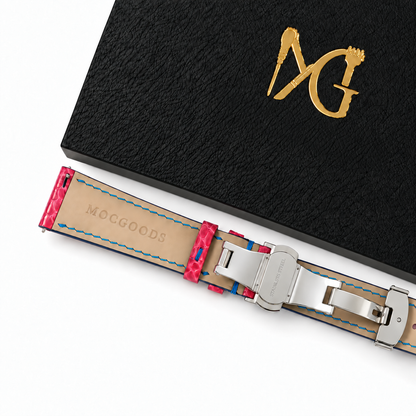Pink Ostrich Leg Leather Watch Strap - underside with box