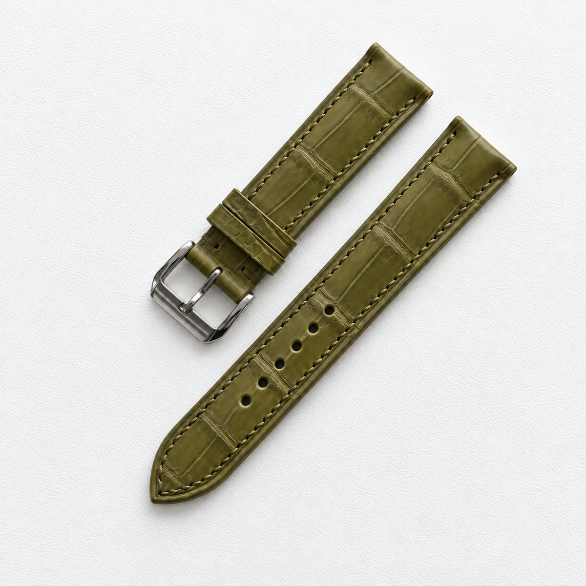 Olive Alligator Leather Watch Strap - Tonal Stitch - tonal olive stitch detail