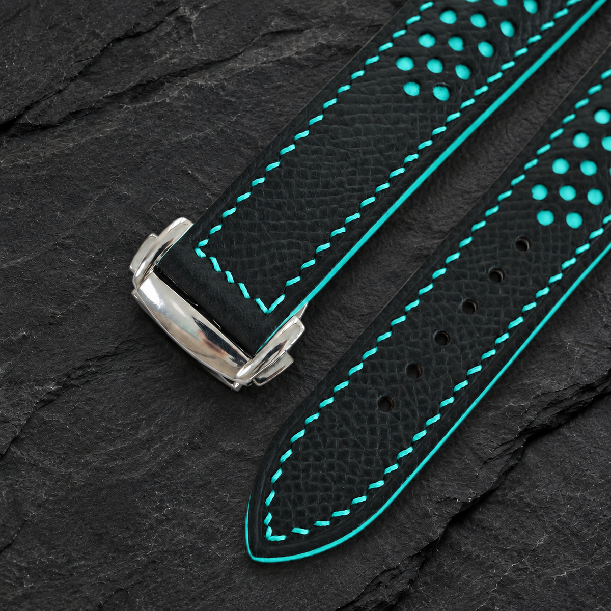 Deployant Black Turquoise Racing Rally Epsom Leather Watch Strap - turquoise contrast stitching