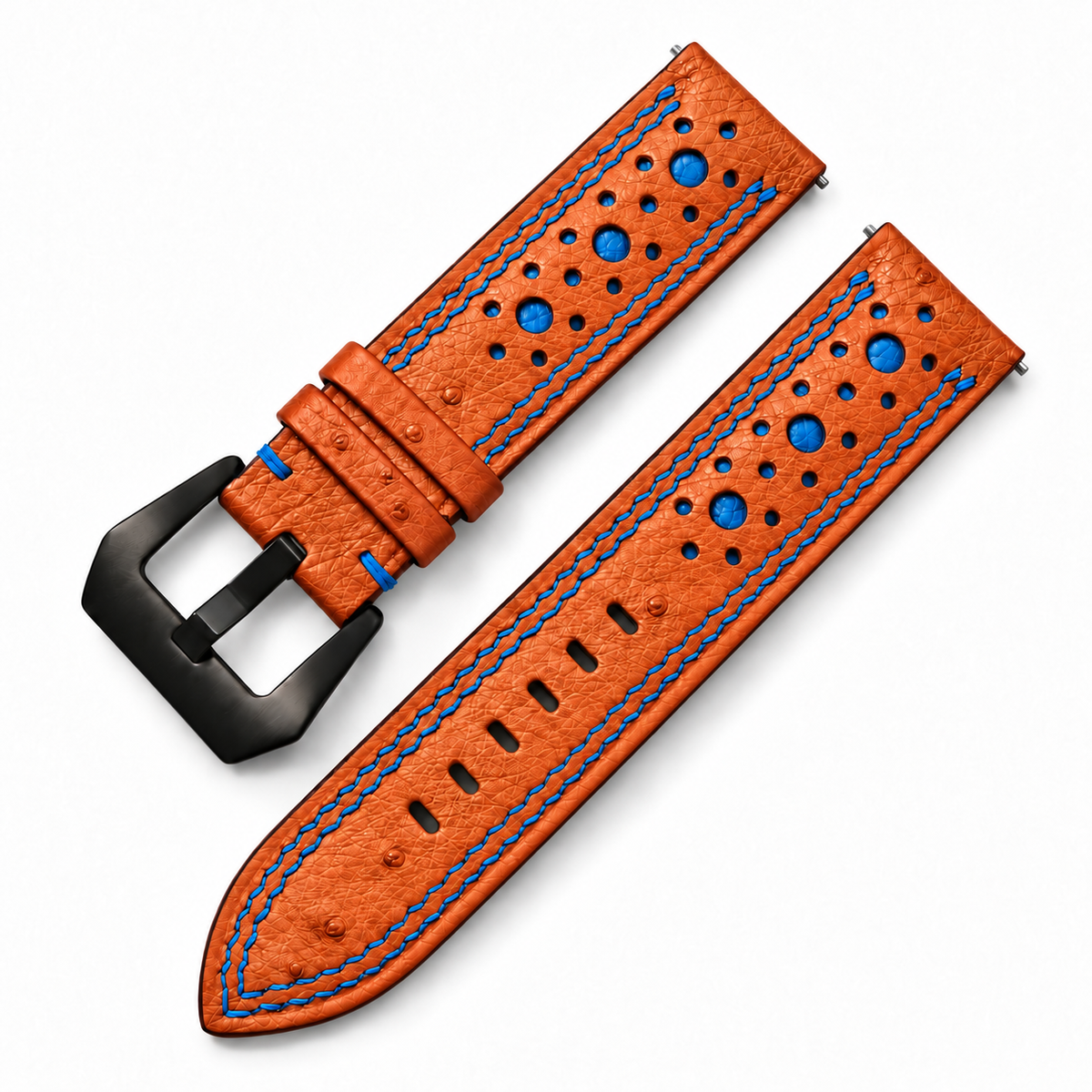 Orange and Blue Ostrich Racing Large Holes Leather Watch Strap - Double Stitch - detail 4