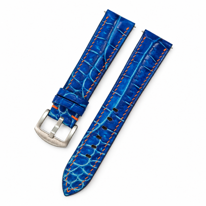 Cobalt Blue Patina Alligator Leather Watch Strap - two piece diagonal alt