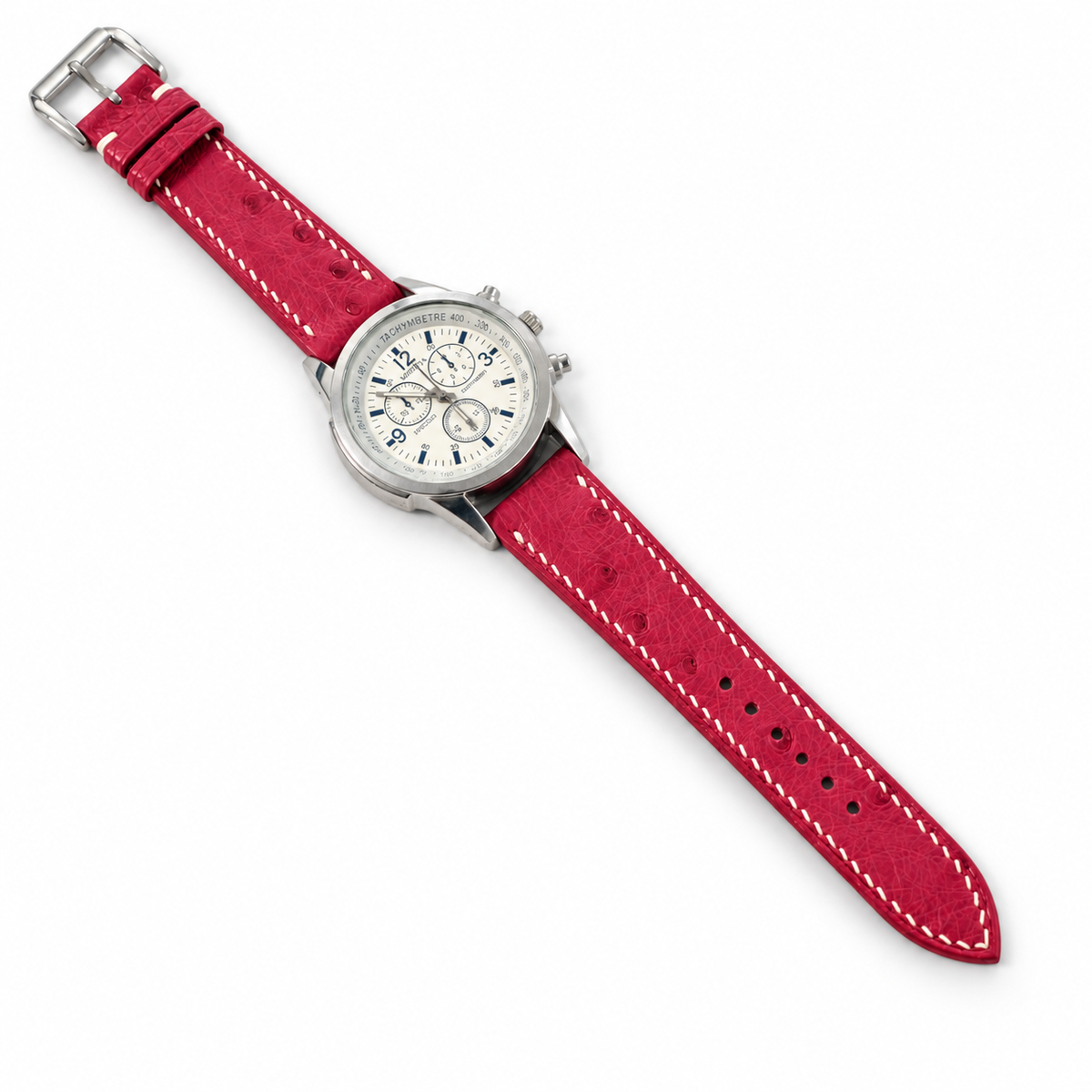 Raspberry Red Ostrich Leather Watch Strap - installed on watch