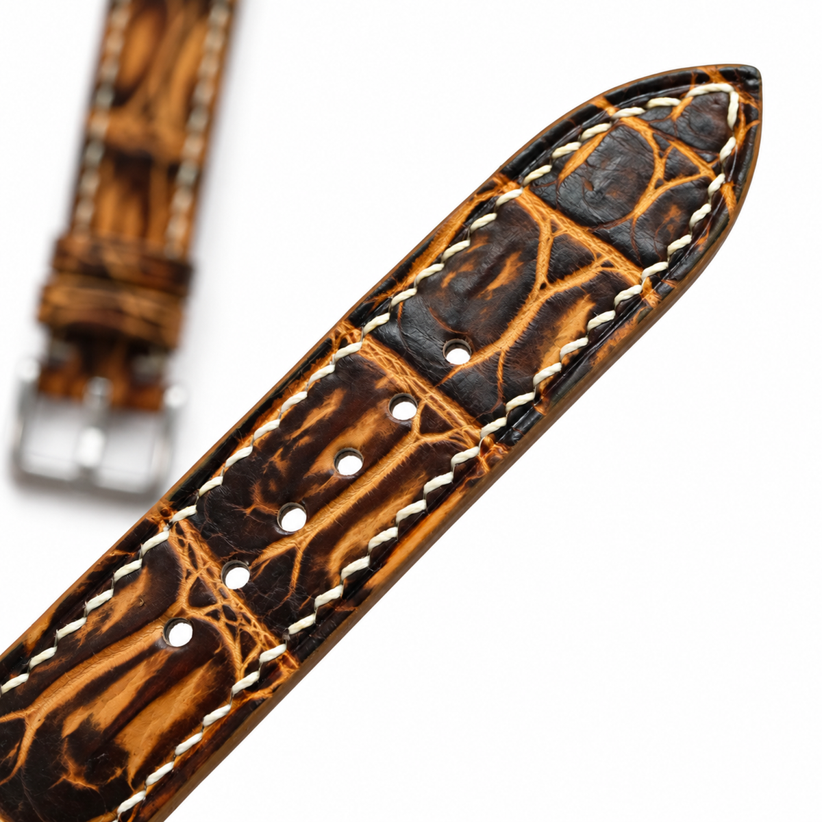 Black Amber Patina Alligator strap macro tip and sizing holes