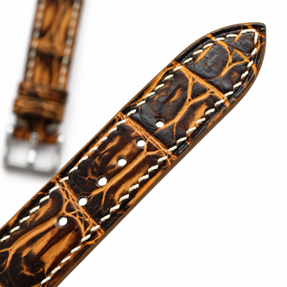 Black Amber Patina Alligator strap macro tip and sizing holes