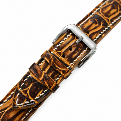 Black Amber Patina Alligator strap buckle area macro