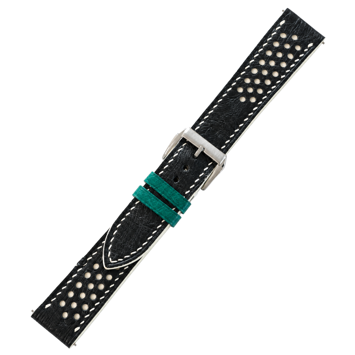 Black Beige Small Rally Ostrich Leather Watch Strap - small rally holes and beige underlay