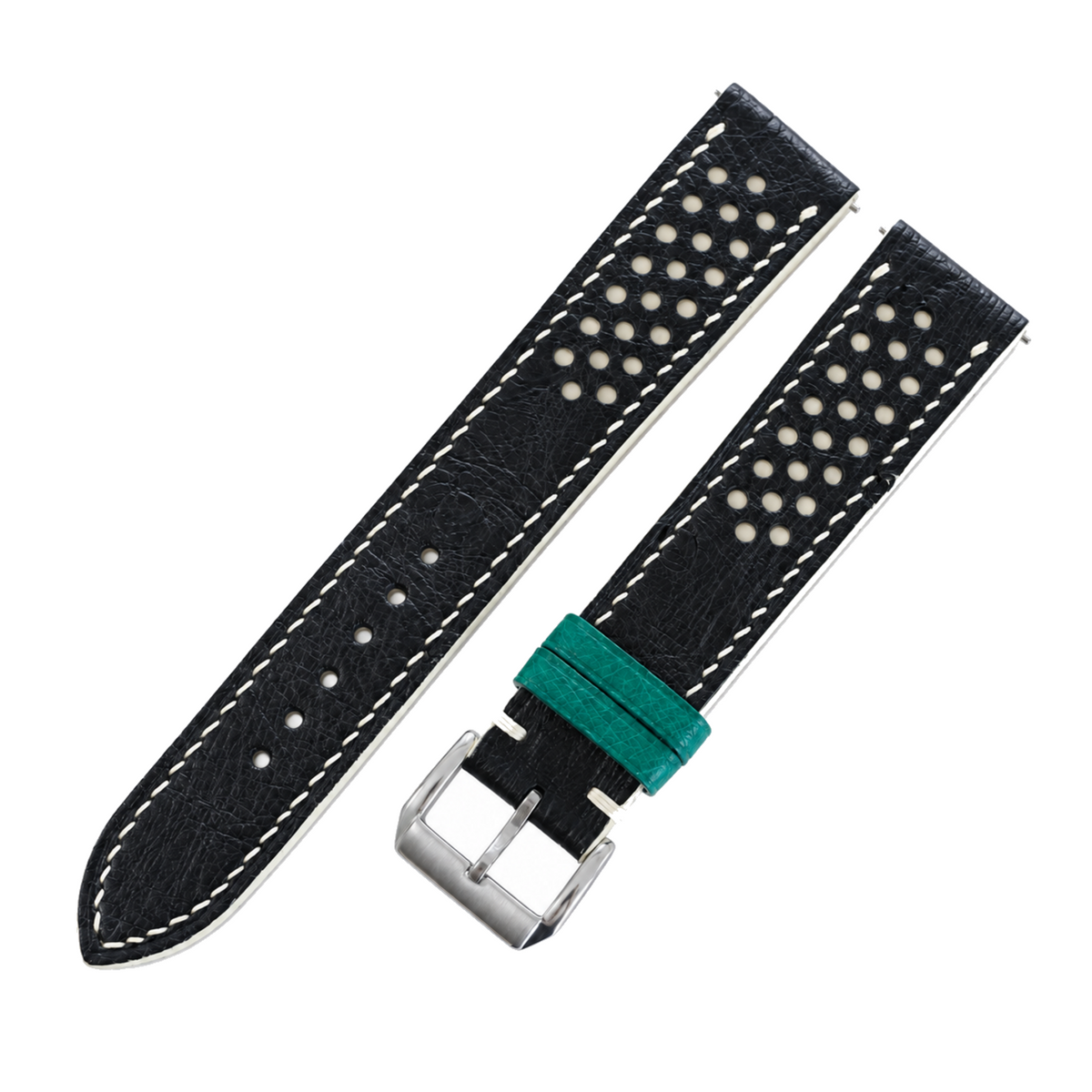 Black Beige Small Rally Ostrich Leather Watch Strap - side view