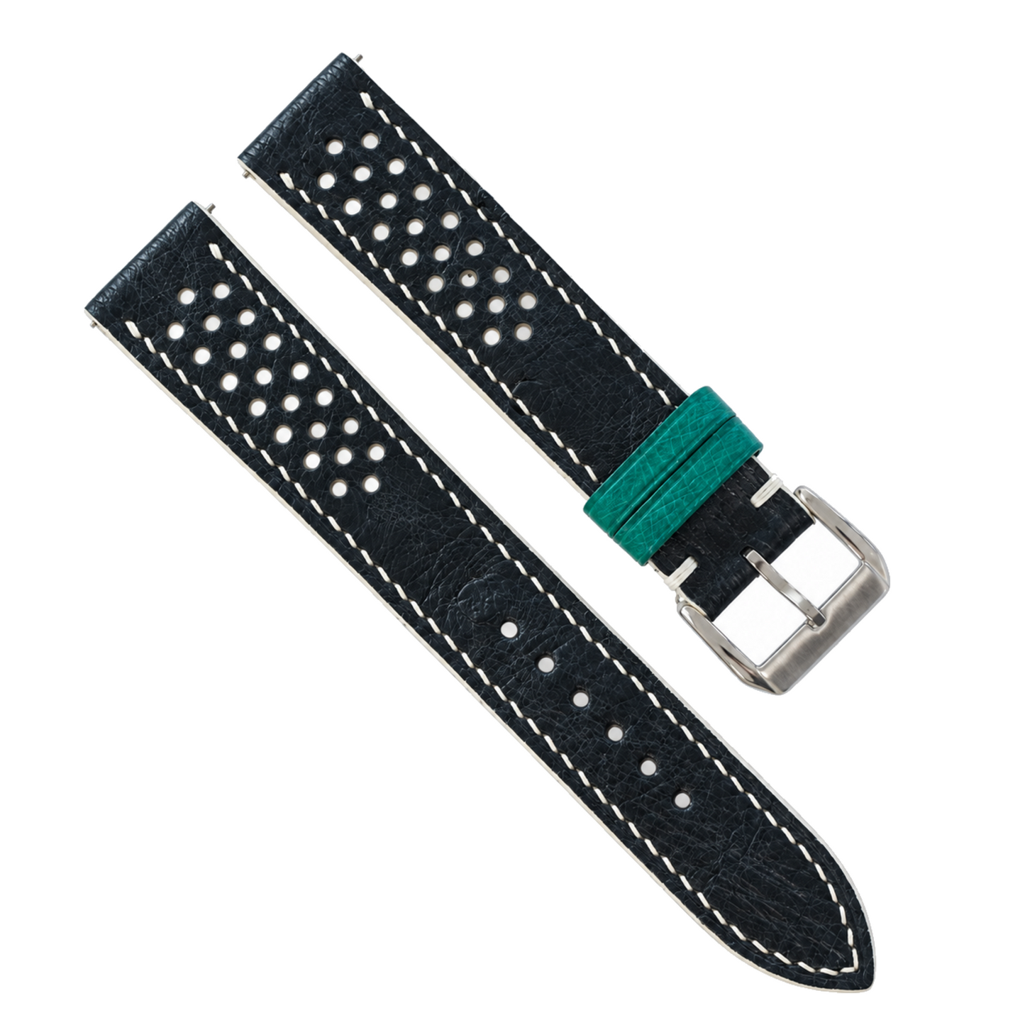 Black Beige Small Rally Ostrich Leather Watch Strap - white contrast stitching
