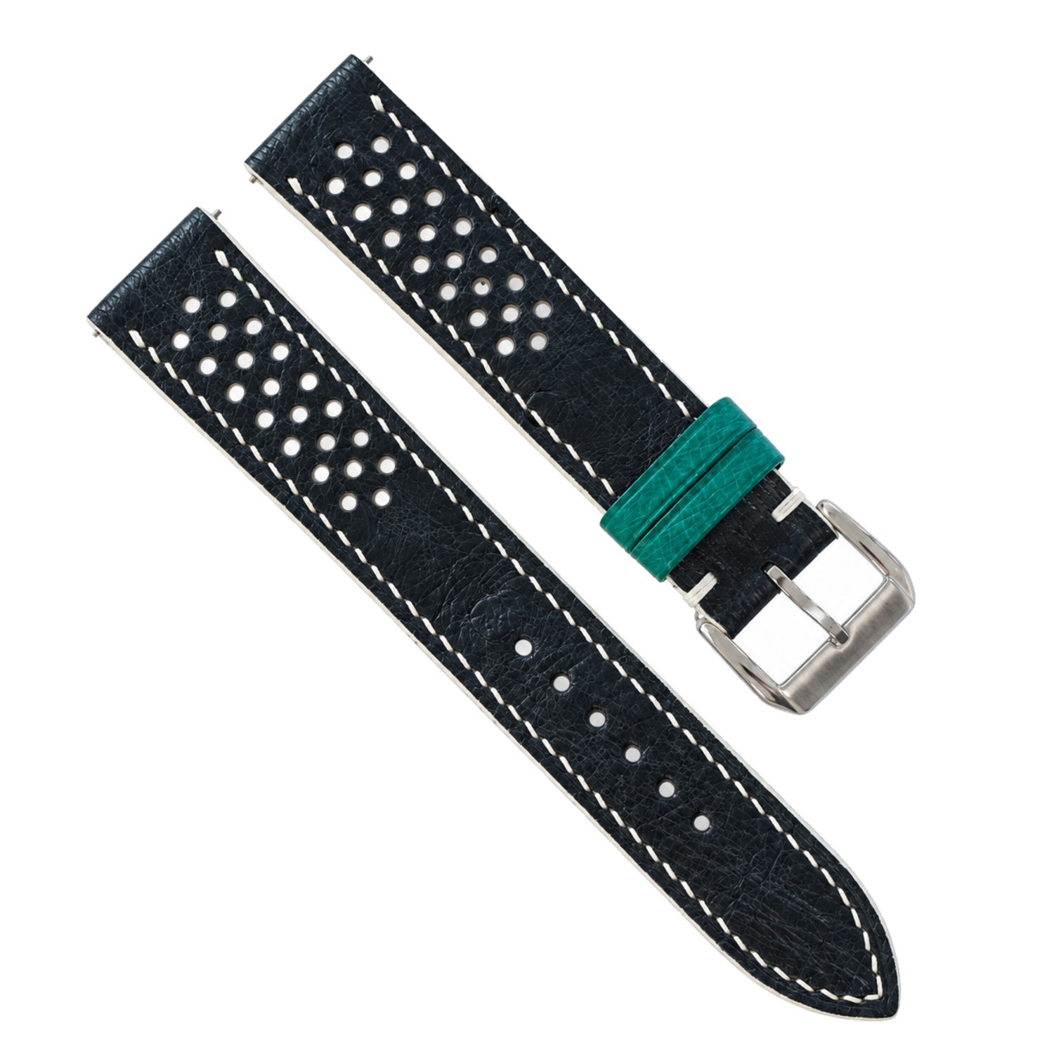 Black Beige Small Rally Ostrich Leather Watch Strap - white contrast stitching
