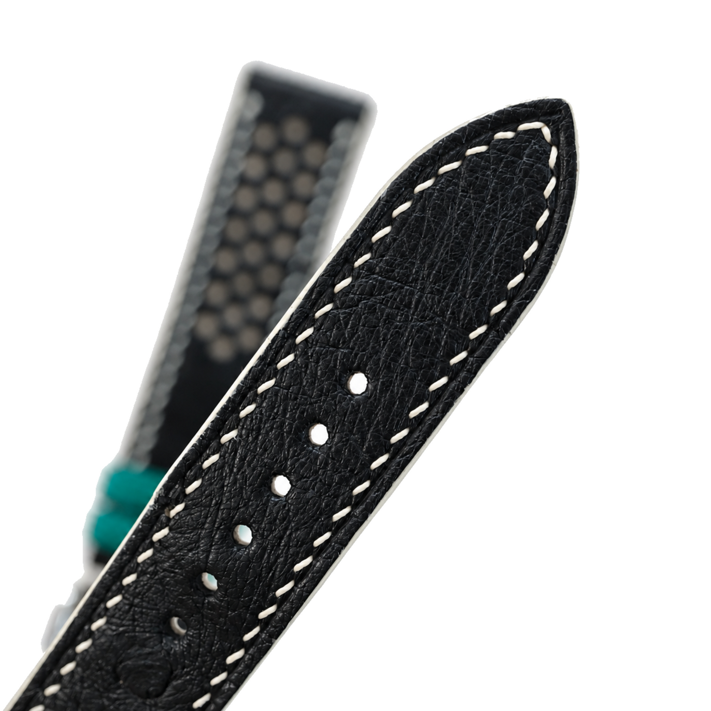 Black Beige Small Rally Ostrich Leather Watch Strap - buckle and edge