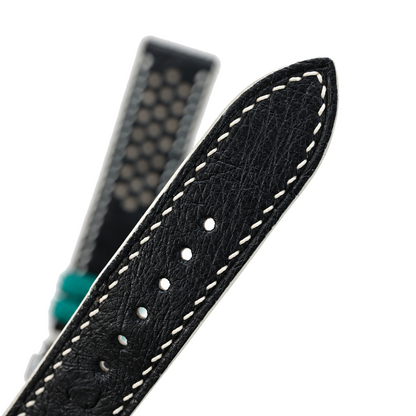 Black Beige Small Rally Ostrich Leather Watch Strap - buckle and edge