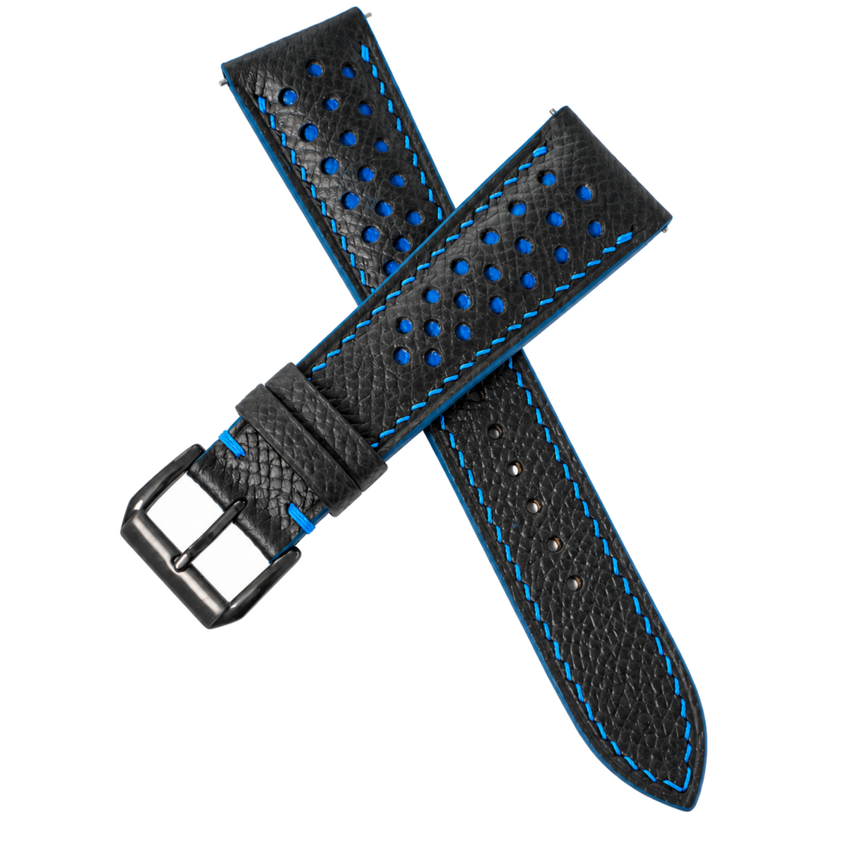 Padded Black Blue Small Rally Epsom Leather Watch Strap - small blue rally holes