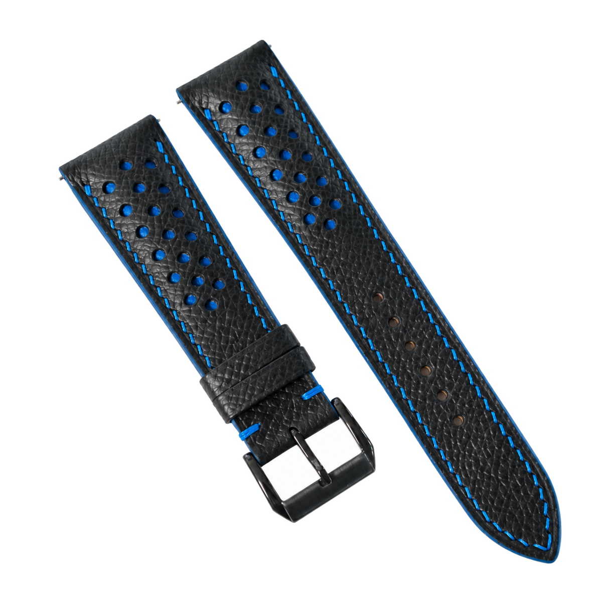 Padded Black Blue Small Rally Epsom Leather Watch Strap - blue contrast stitching