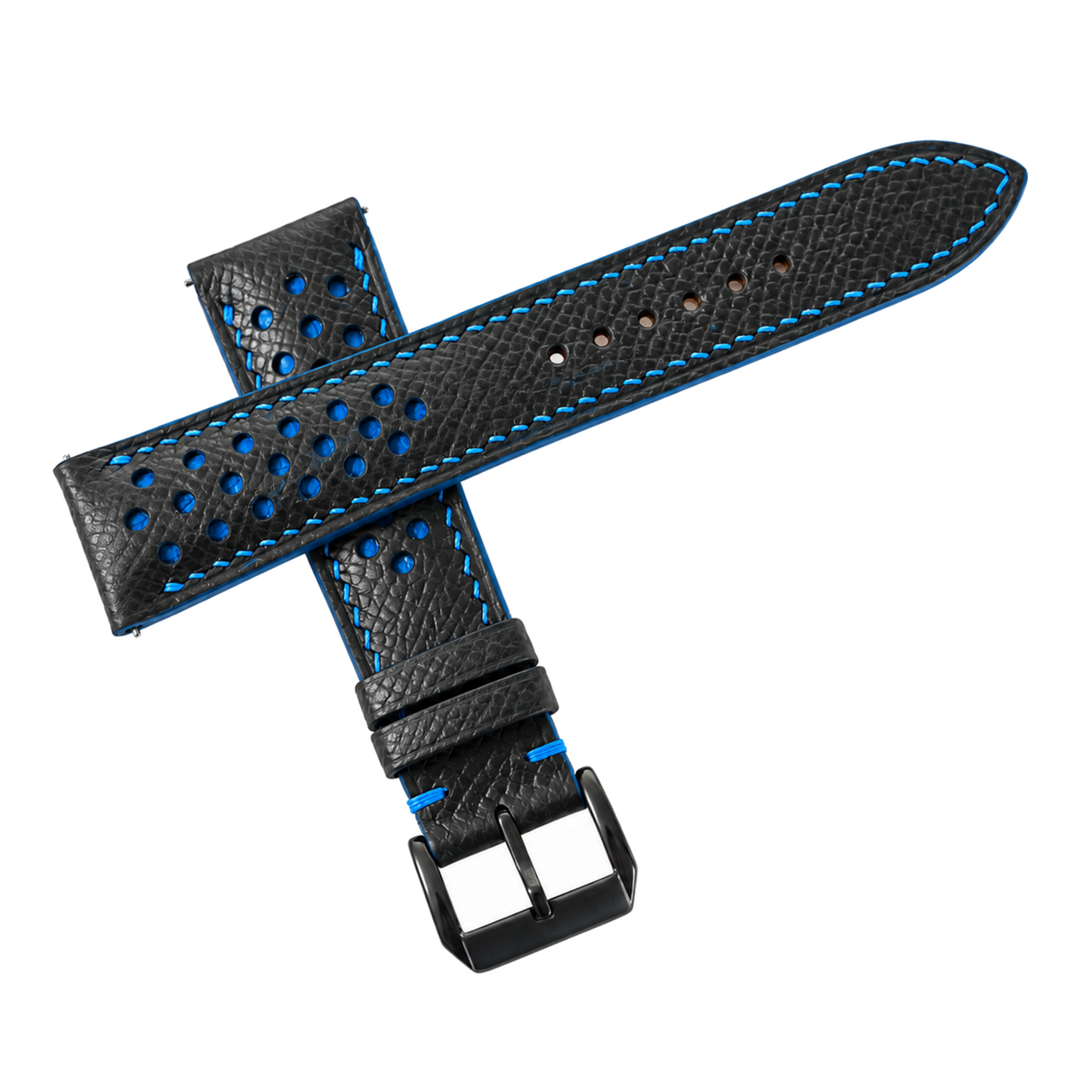 Padded Black Blue Small Rally Epsom Leather Watch Strap - buckle and edge