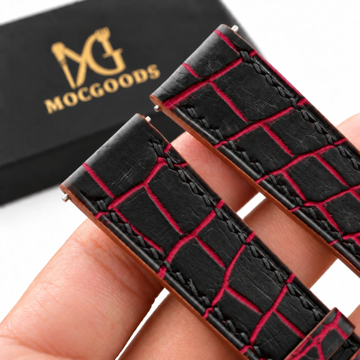 Patina Black Red Bordeaux Alligator Leather Watch Strap - full strap black red bordeaux patina scales