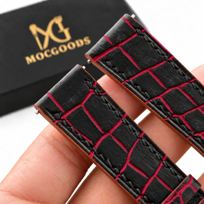 Patina Black Red Bordeaux Alligator Leather Watch Strap - full strap black red bordeaux patina scales