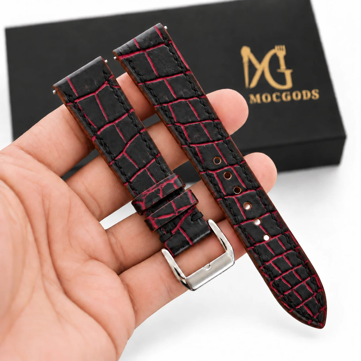 Patina Black Red Bordeaux Alligator Leather Watch Strap - alligator scale detail red bordeaux accents