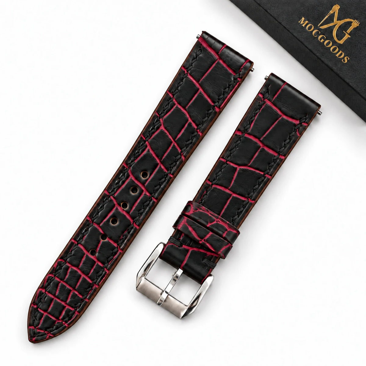 Patina Black Red Bordeaux Alligator Leather Watch Strap - red bordeaux patina scale pattern macro
