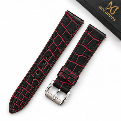 Patina Black Red Bordeaux Alligator Leather Watch Strap - red bordeaux patina scale pattern macro