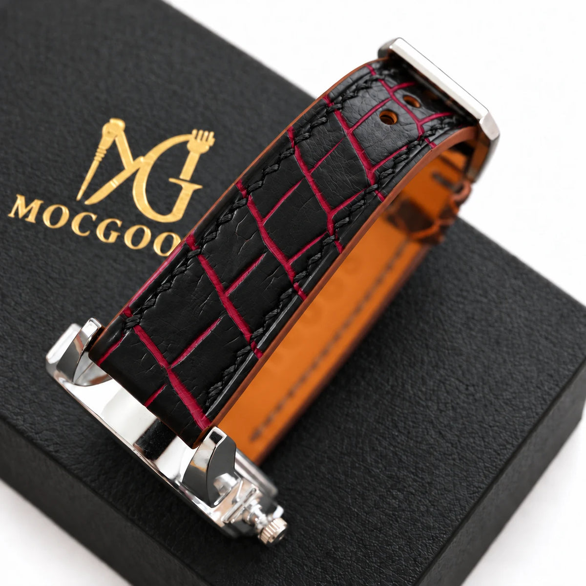 Patina Black Red Bordeaux Alligator Leather Watch Strap - on watch with Moc Goods gift box