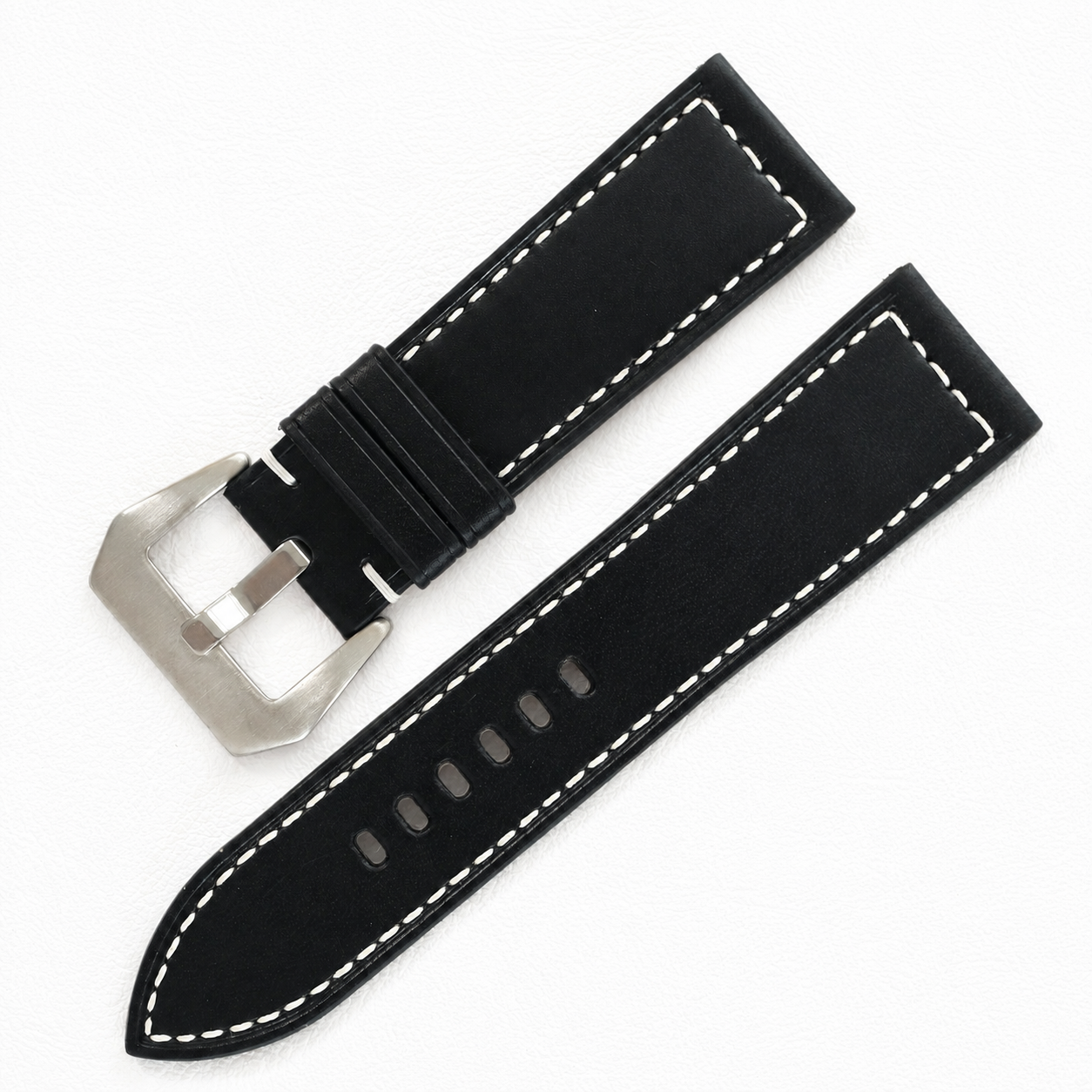 Black Buttero Box Stitch Leather Watch Strap