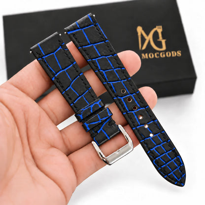 Patina Black Cobalt Blue Alligator Leather Watch Strap - full strap black cobalt blue patina scales