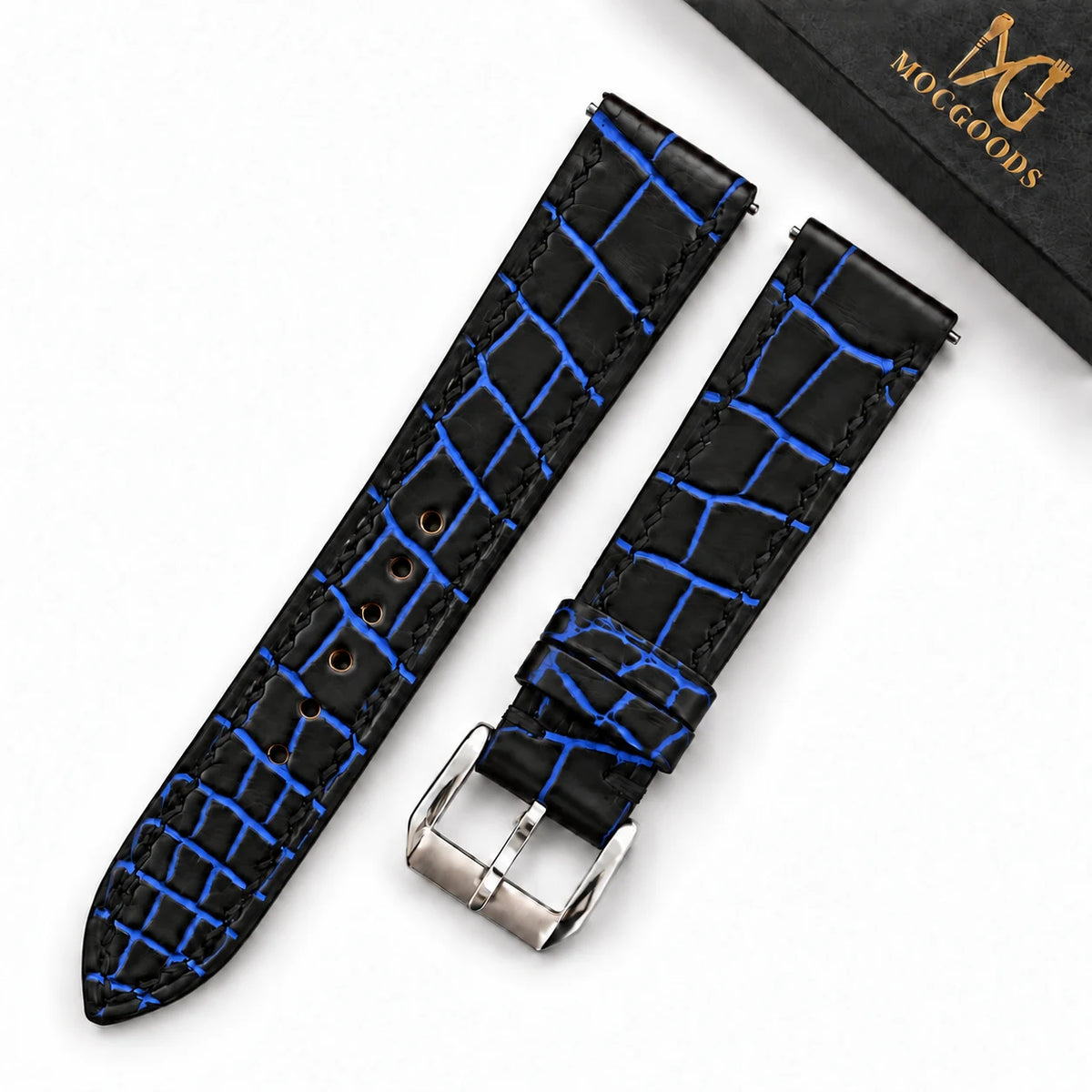 Patina Black Cobalt Blue Alligator Leather Watch Strap - alligator scale detail cobalt blue accents