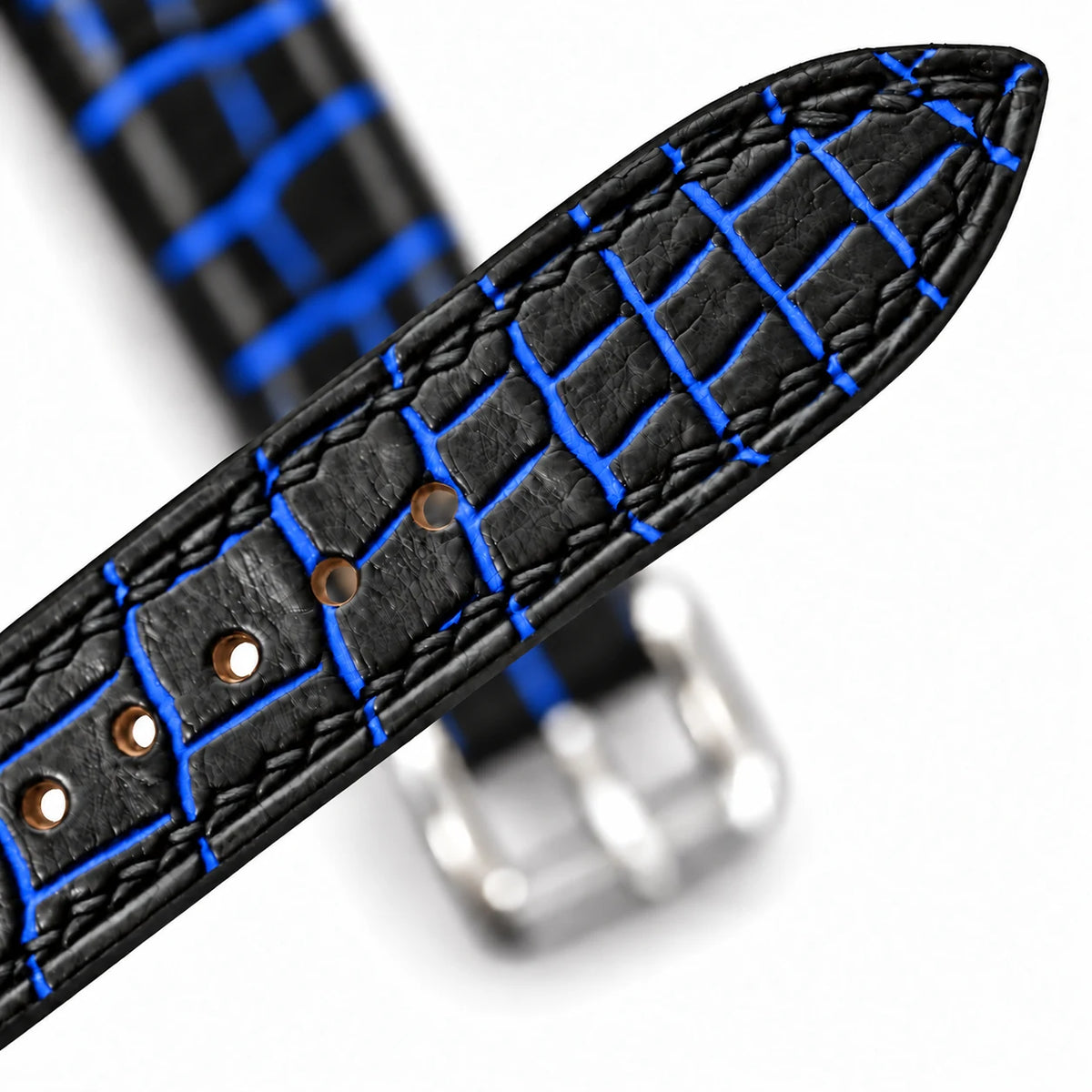 Patina Black Cobalt Blue Alligator Leather Watch Strap - side profile cobalt blue patina