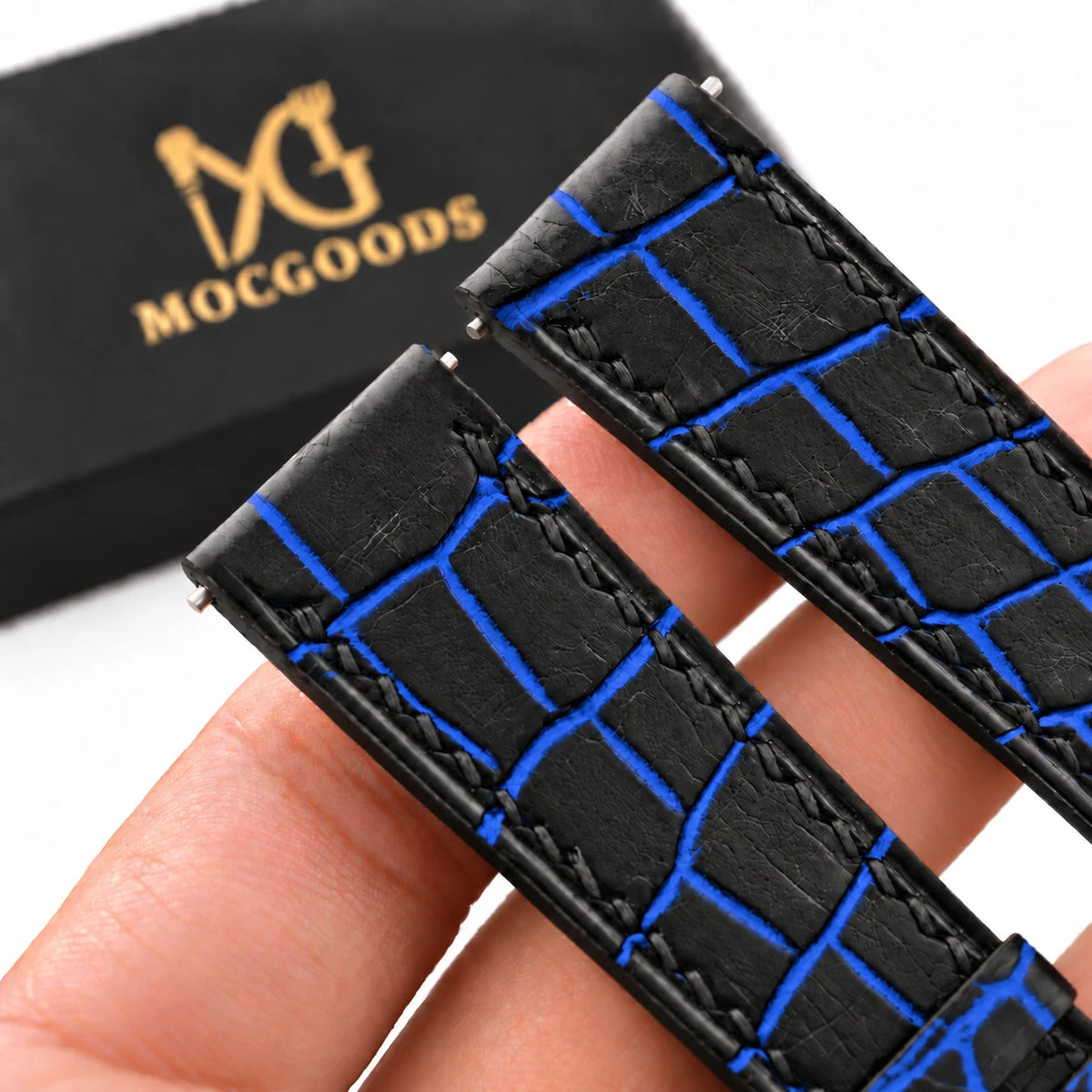 Patina Black Cobalt Blue Alligator Leather Watch Strap - in hand with Moc Goods gift box