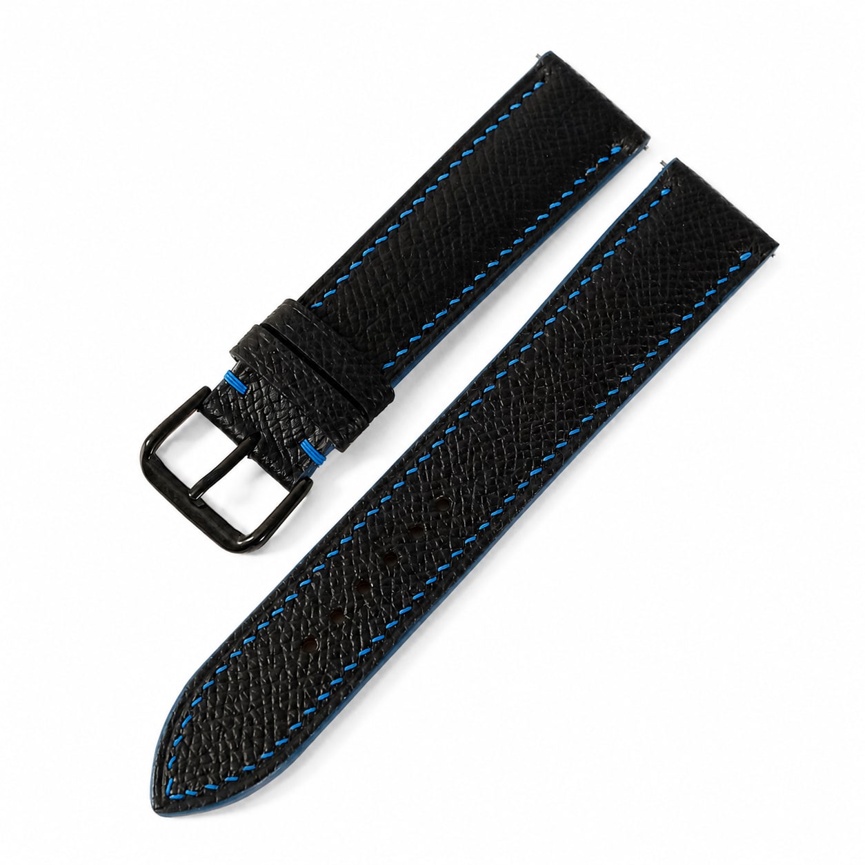 Black Epsom leather watch strap with blue contrast stitching
