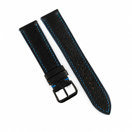 Black Epsom leather watch strap with blue contrast stitching