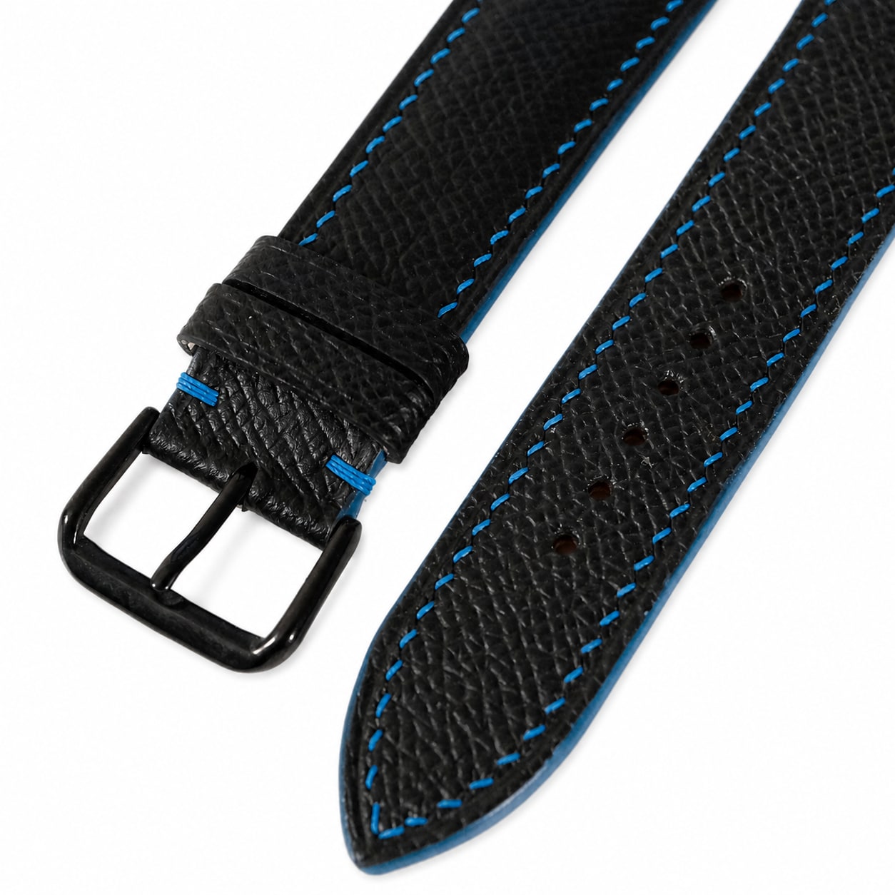 Black Epsom leather watch strap with blue contrast stitching
