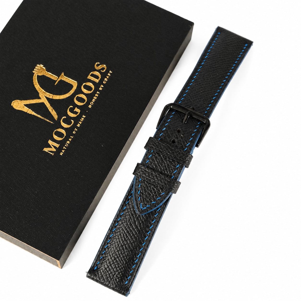 Black Epsom leather watch strap with blue contrast stitching