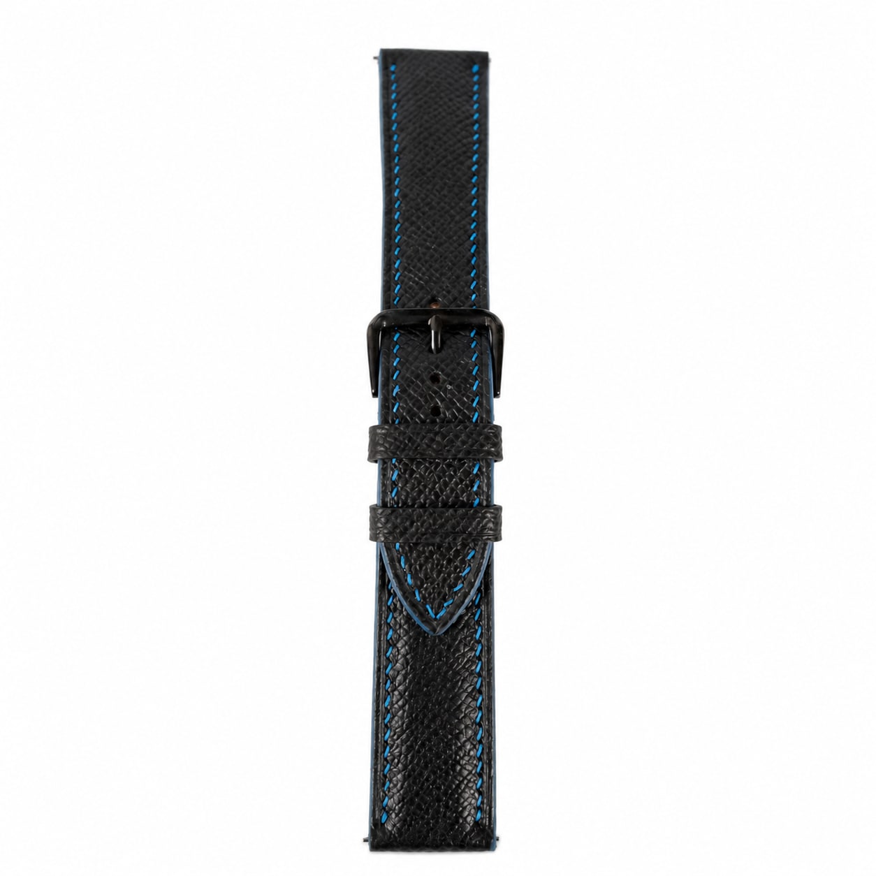 Black Epsom leather watch strap with blue contrast stitching