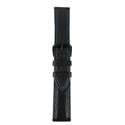Black Epsom leather watch strap with blue contrast stitching