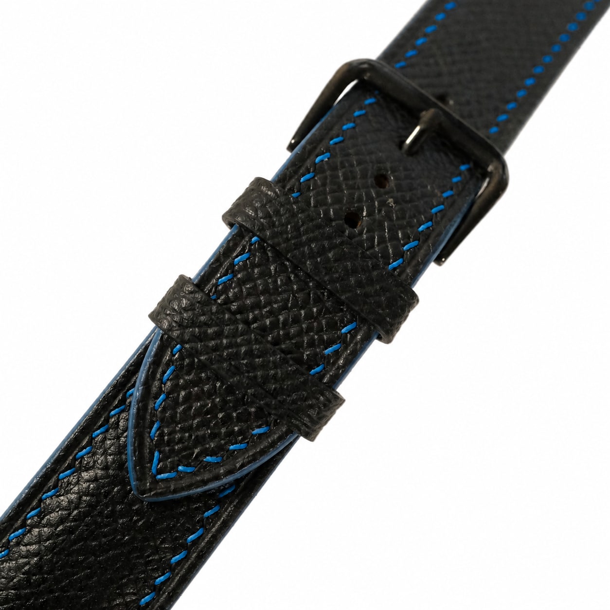 Black Epsom leather watch strap with blue contrast stitching