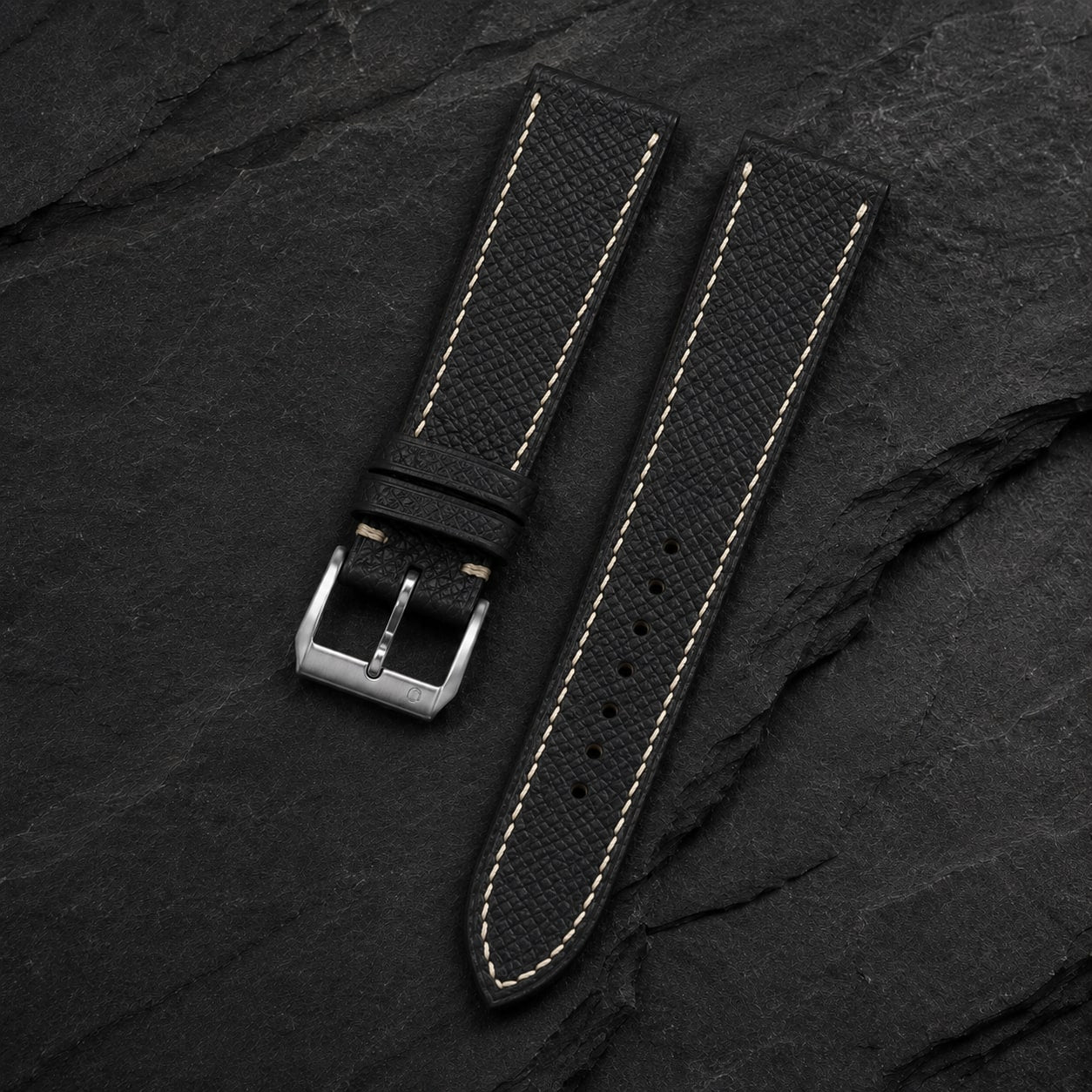 Black Epsom cream stitch strap on slate
