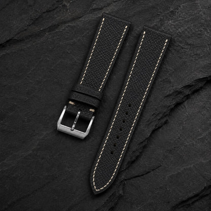Black Epsom cream stitch strap on slate