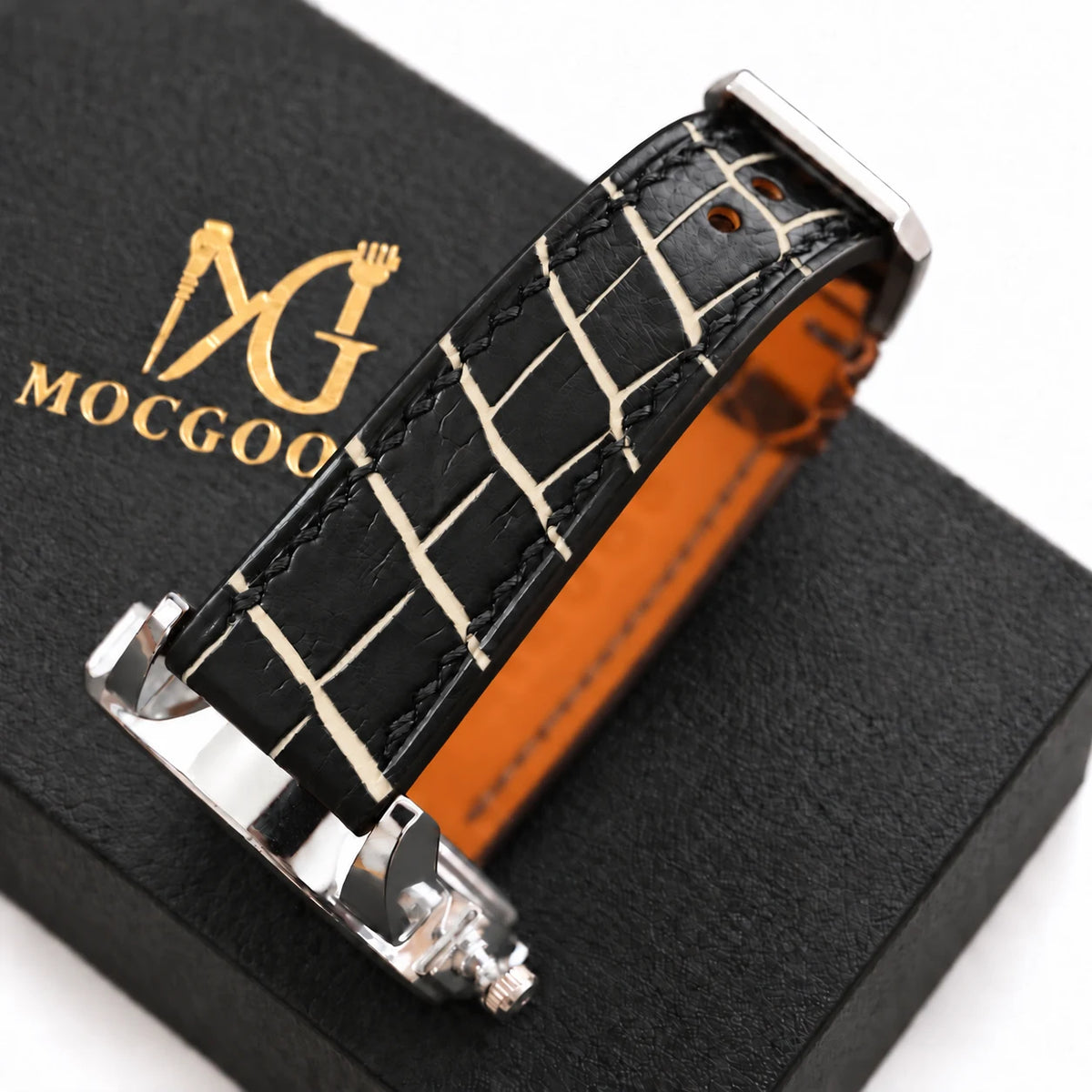 Patina Black Ivory Cream Alligator Leather Watch Strap - full strap black ivory cream patina scales
