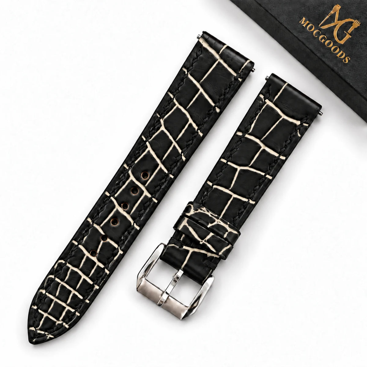 Patina Black Ivory Cream Alligator Leather Watch Strap - ivory cream patina scale pattern macro