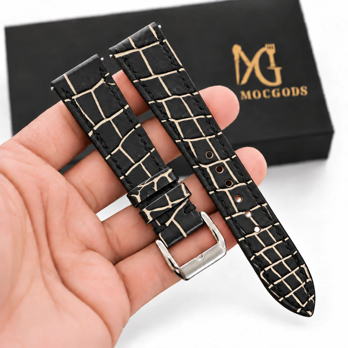 Patina Black Ivory Cream Alligator Leather Watch Strap - in hand with Moc Goods gift box