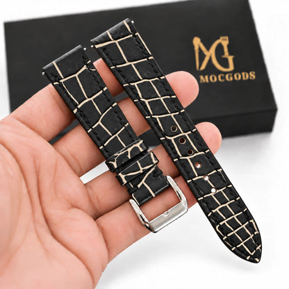 Patina Black Ivory Cream Alligator Leather Watch Strap - in hand with Moc Goods gift box