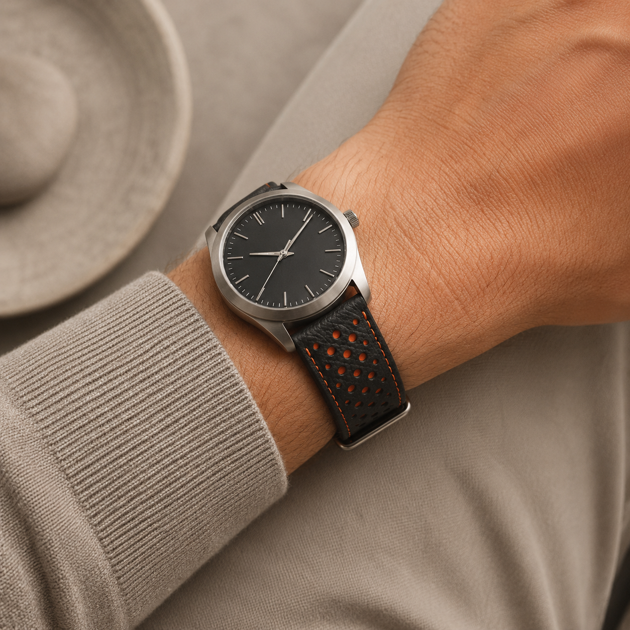 Black Orange Epsom Leather Watch Strap