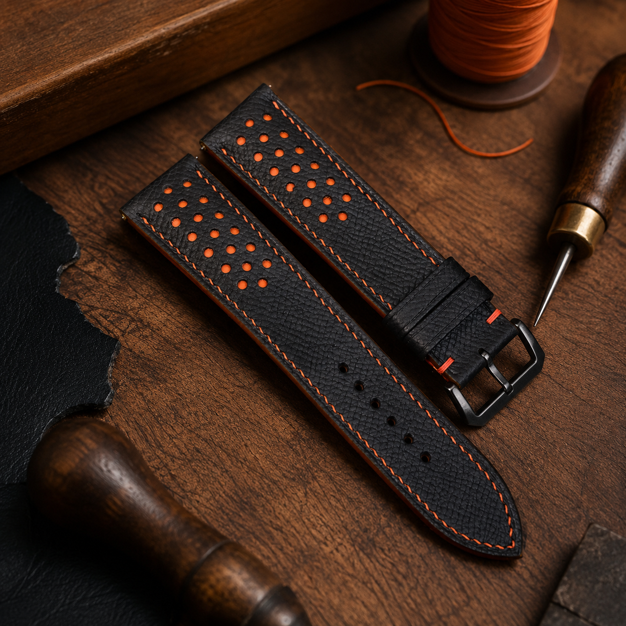 Black Orange Epsom Leather Watch Strap